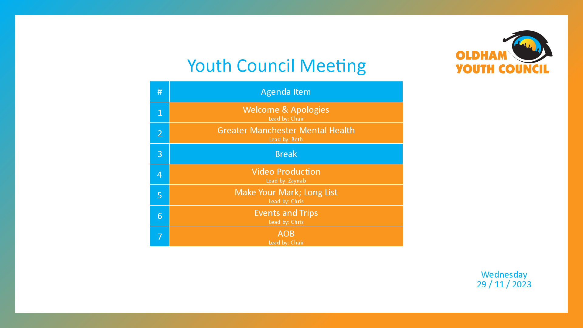 [1]: Welcome & Apologies (lead by Chair) [2]: Greater Manchester Mental Health (lead by Beth) [3*]: Break [4]: Video Production (lead by Zaynab) [5]: Make Your Mark; Long List (lead by Chris) [6]: Events and Trips (lead by Chris) [7]: AOB (lead by Chair)