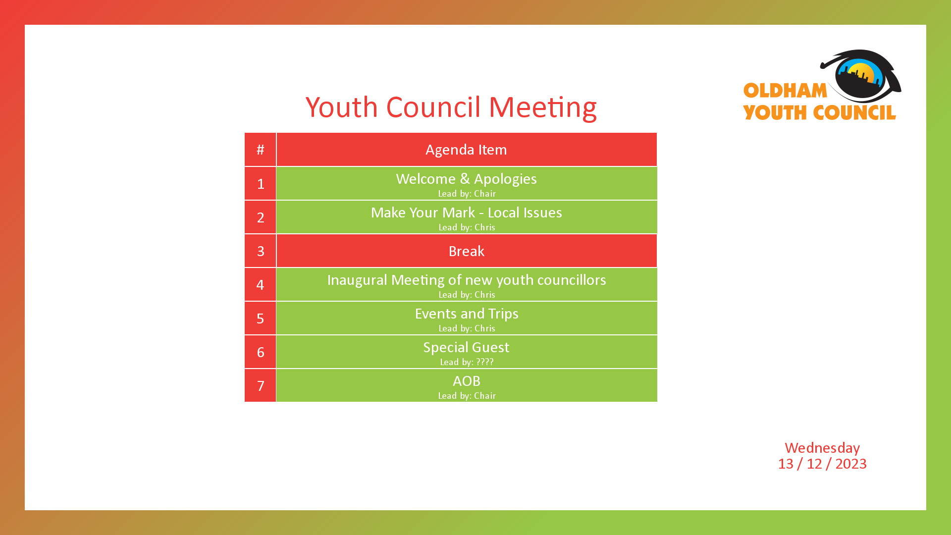 [1]: Welcome & Apologies (lead by Chair) [2]: Make Your Mark - Local Issues (lead by Chris) [3*]: Break [4]: Inaugural Meeting of new youth councillors (lead by Chris) [5]: Events and Trips (lead by Chris) [6]: Special Guest (lead by ????) [7]: AOB (lead by Chair)