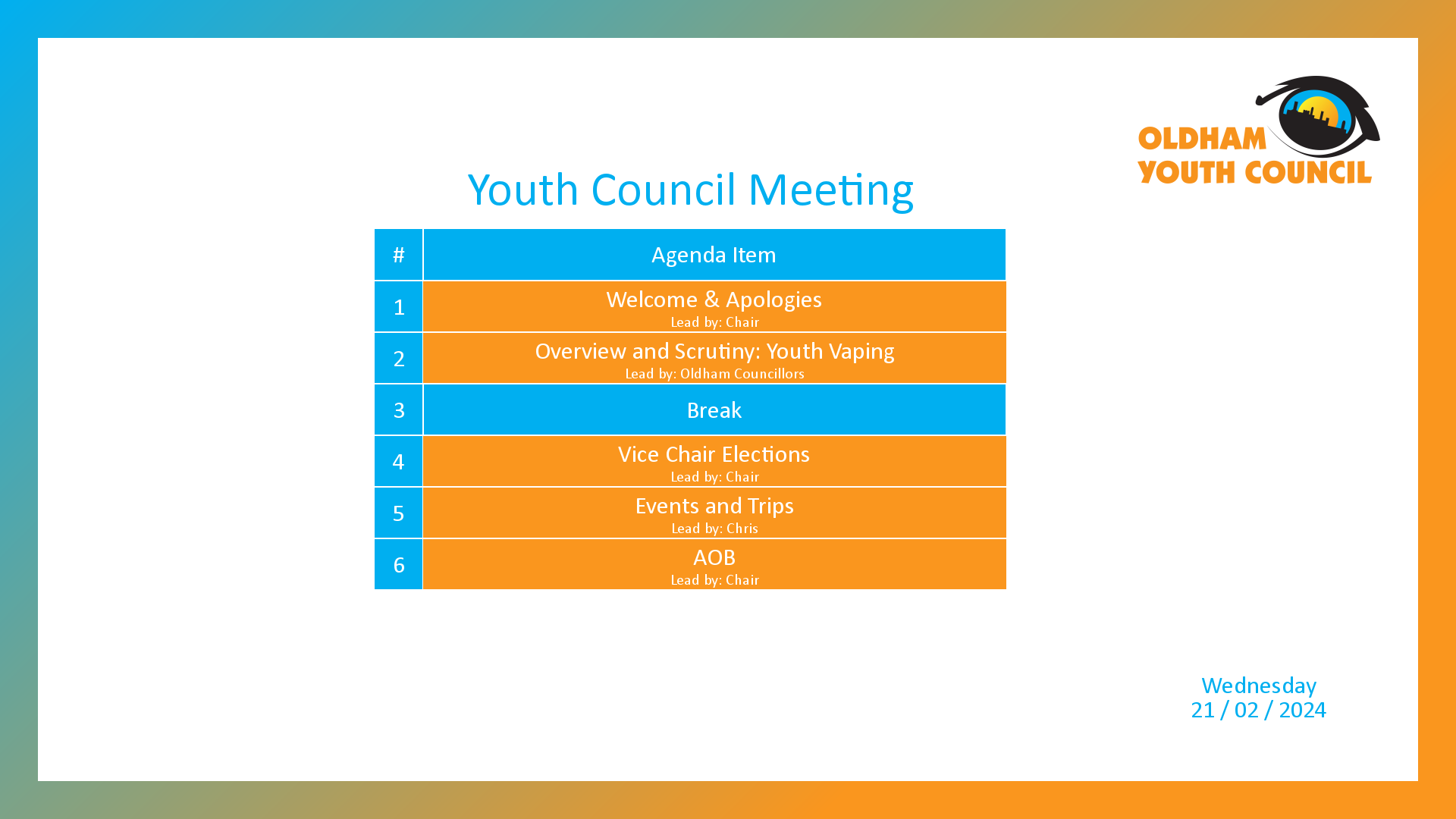 [1]: Welcome & Apologies (lead by Chair) [2]: Overview and Scrutiny: Youth Vaping (lead by Oldham Councillors) [3*]: Break [4]: Vice Chair Elections (lead by Chair) [5]: Events and Trips (lead by Chris) [6]: AOB (lead by Chair)